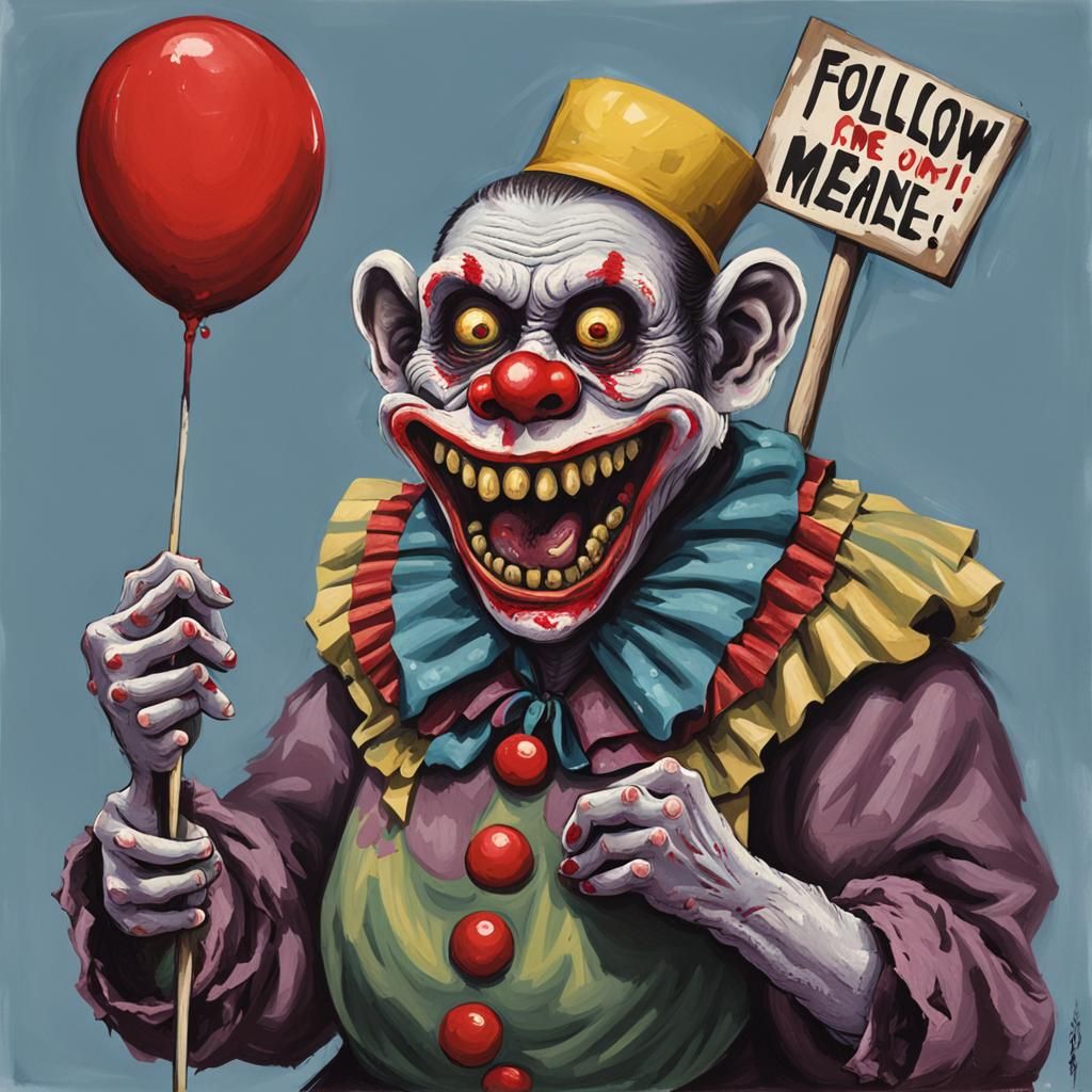 Zombie Clown Woman with Sign, Gouache Painting