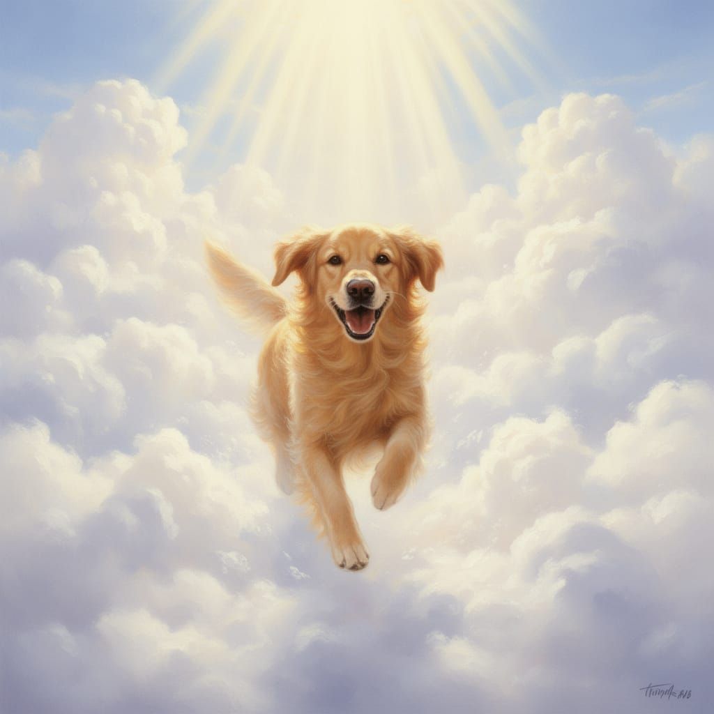 Golden Retriever Joyfully Runs Through Heavenly Clouds