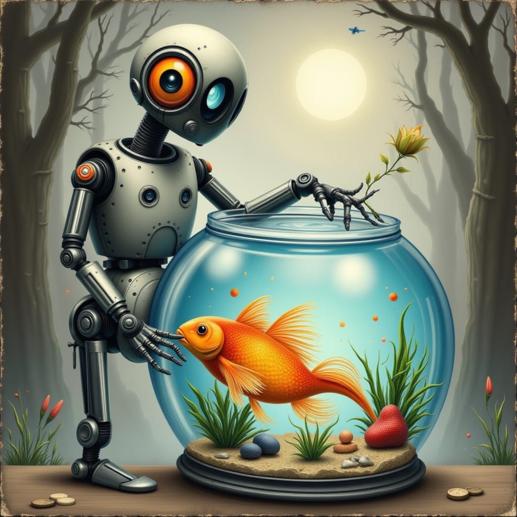 Cute Robot Holding a Fishbowl in Bright Gothic Style