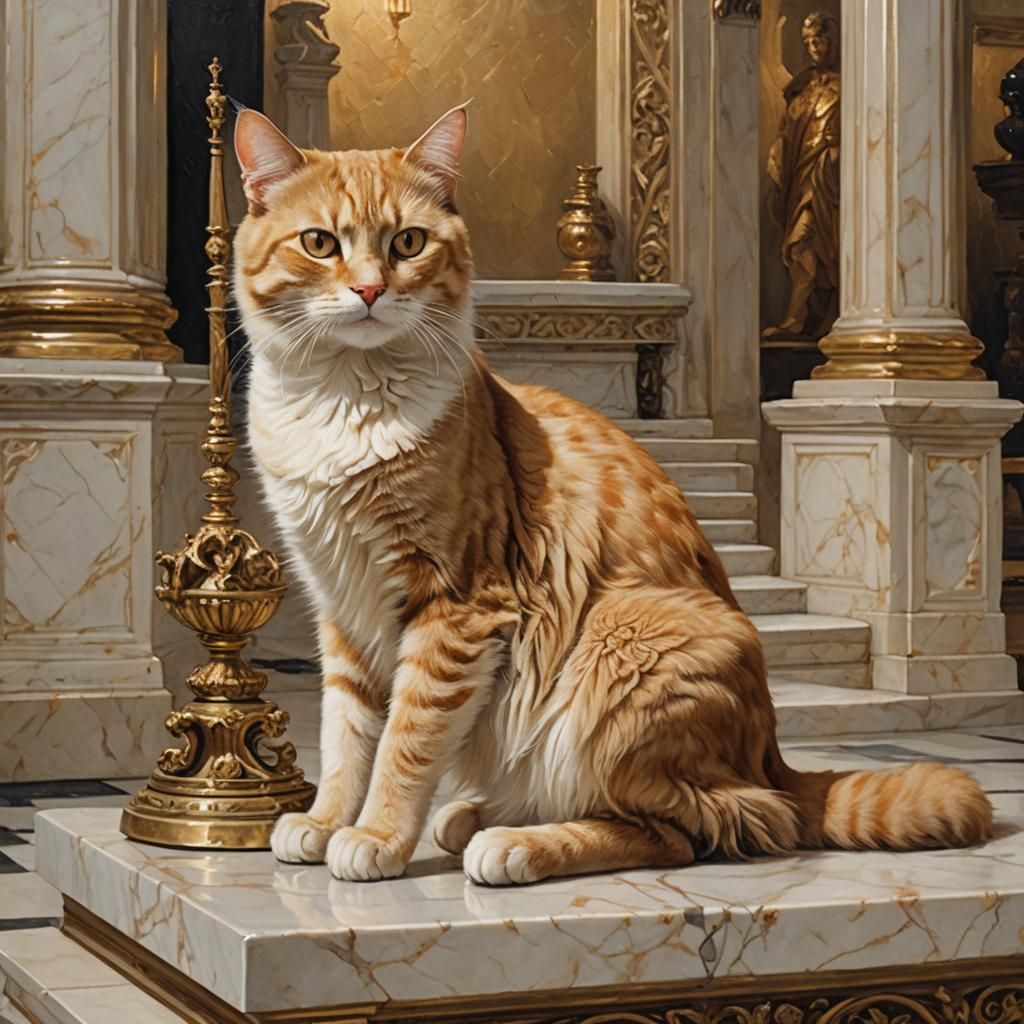 Cat King on Throne, Renaissance Oil Painting