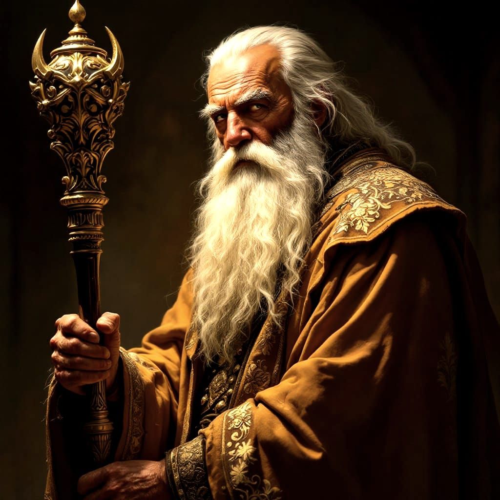 Wise Old Man with Sceptre in Sepia Tones