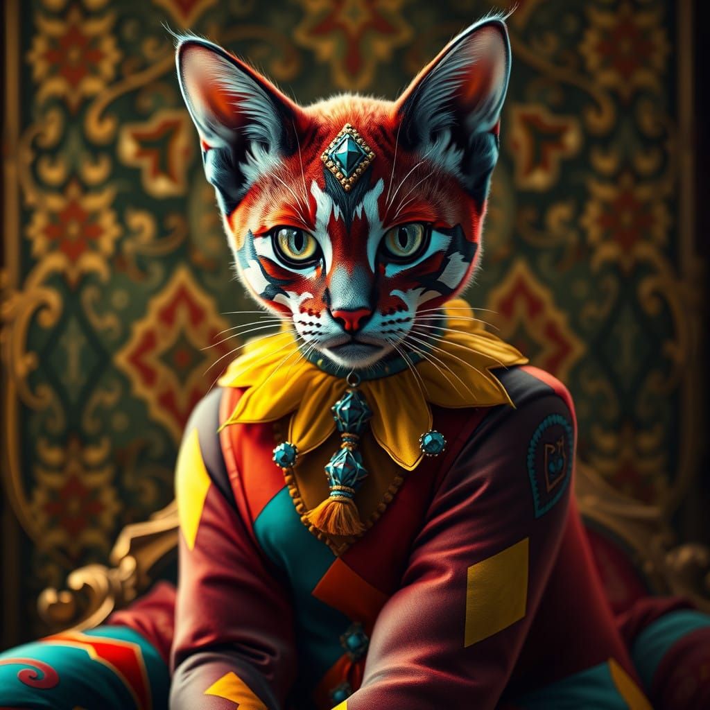 Regal, Feline Harlequin in Vibrant, Art Nouveau-Inspired Col...