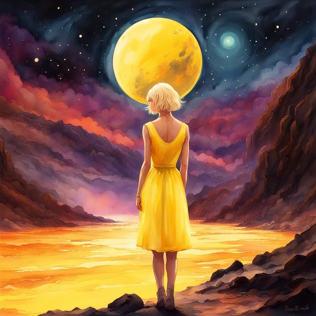 Woman in Yellow Dress on Alien Planet