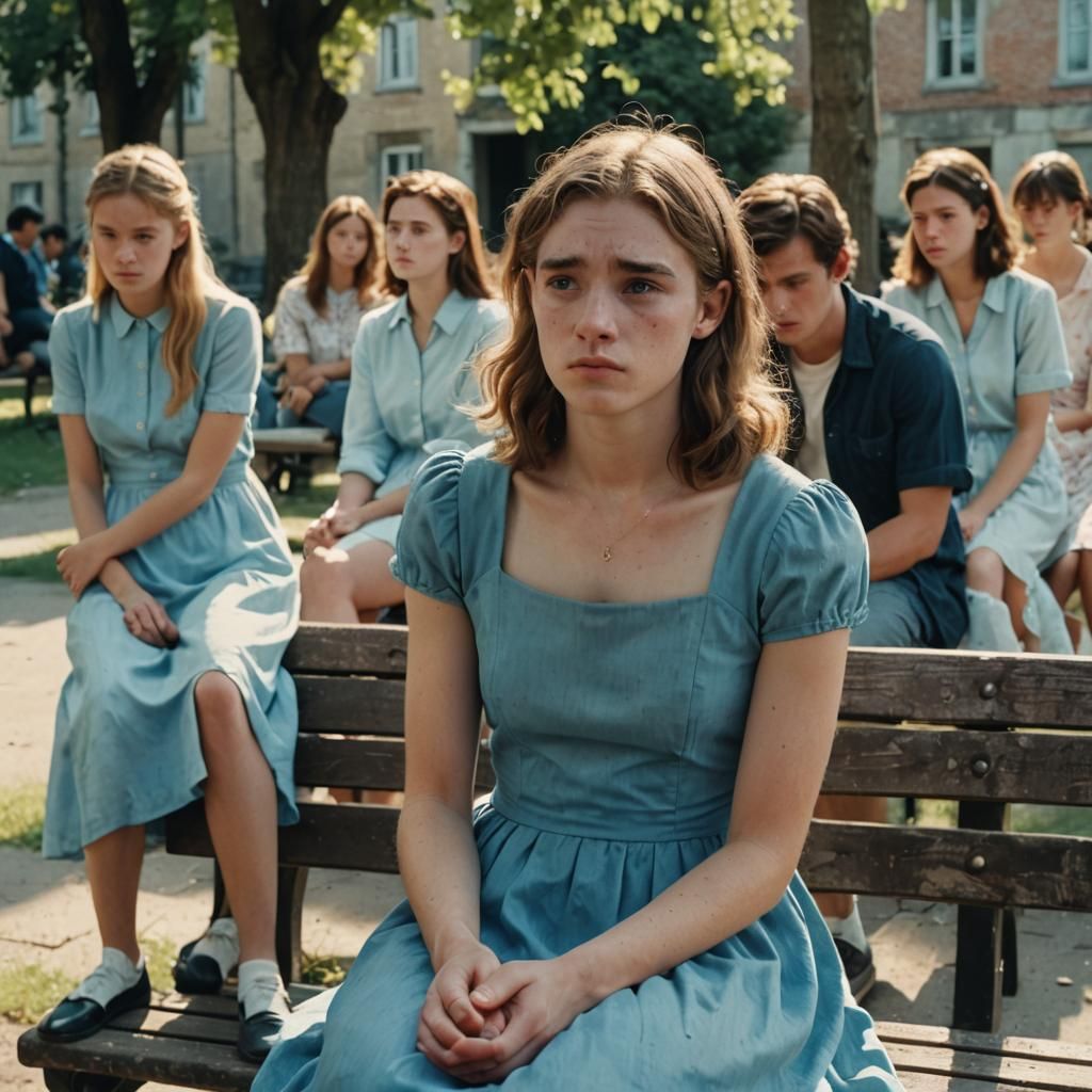 Boy in Blue Dress Humiliated on Bench in Pastel Sunlight