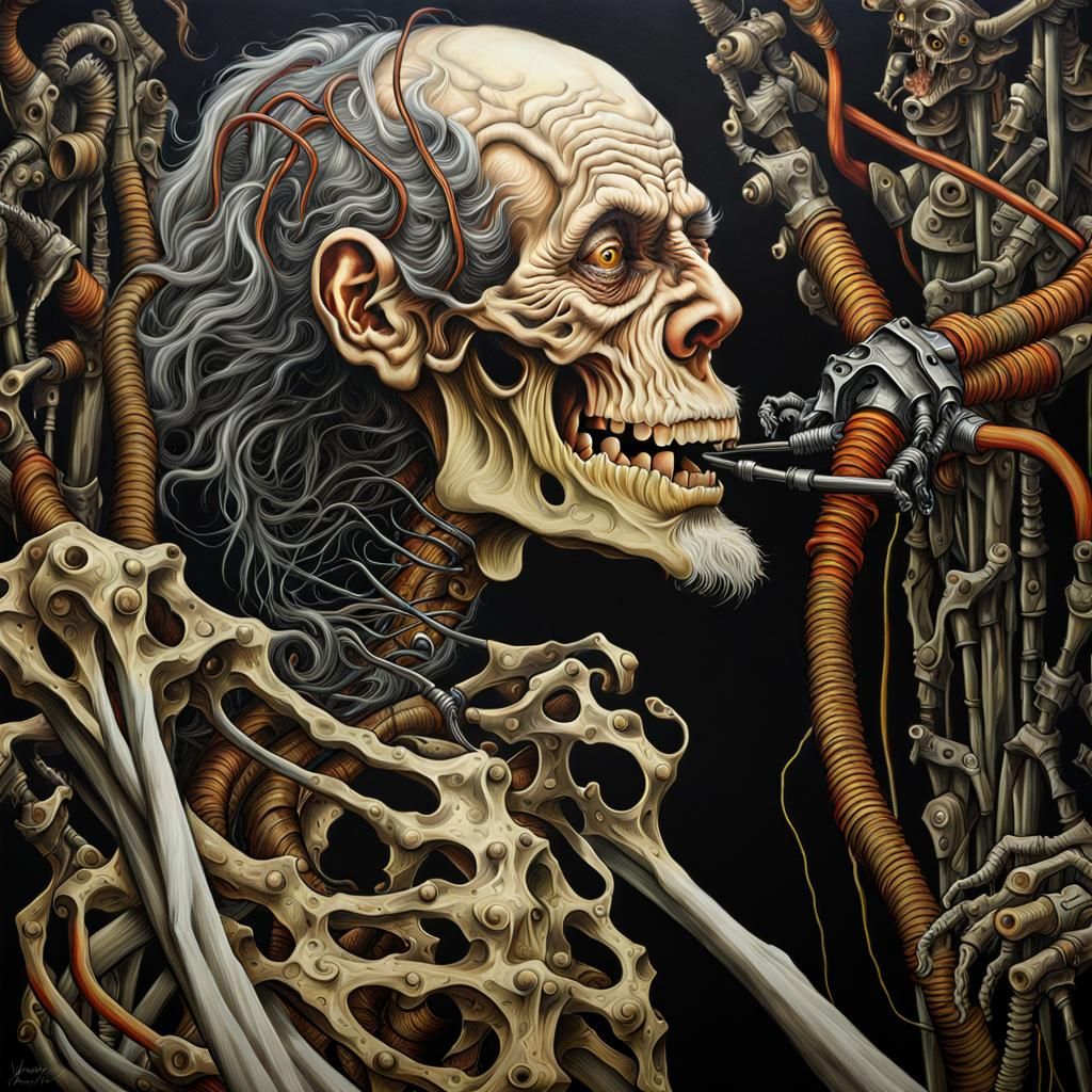 Lowbrow Masterpiece: Emaciated Old Man with Biomechanical Ac...