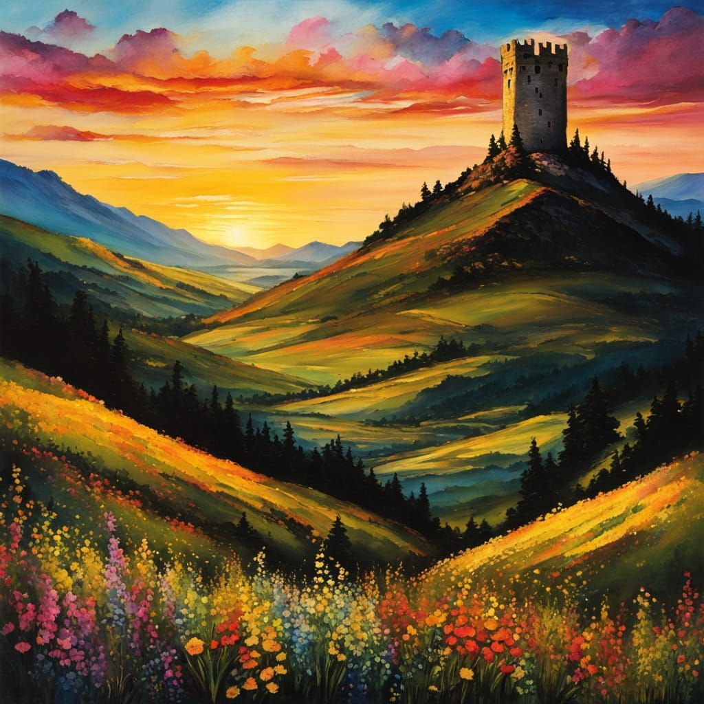 Radiant Mountaintop View of Medieval Tower