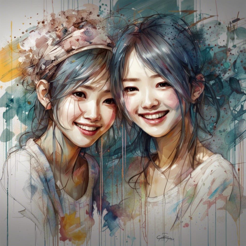 Two Korean Friends Smiling in Bedroom, CGSociety Style
