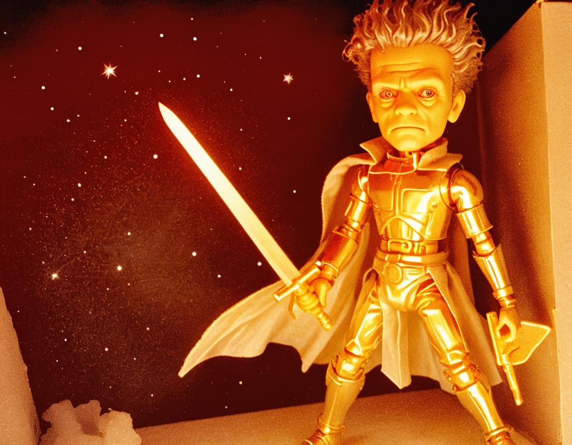 Custom Toy Figure with Chrome Sword at Night