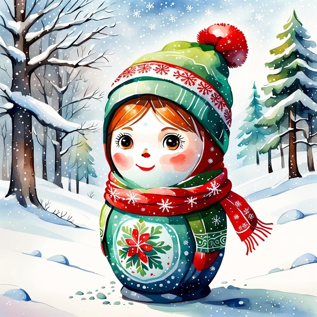 Festive Christmas Matryoshka Doll in Watercolor Sketch