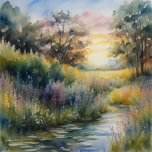 Impressionist Picnic Scene in Countryside Landscape