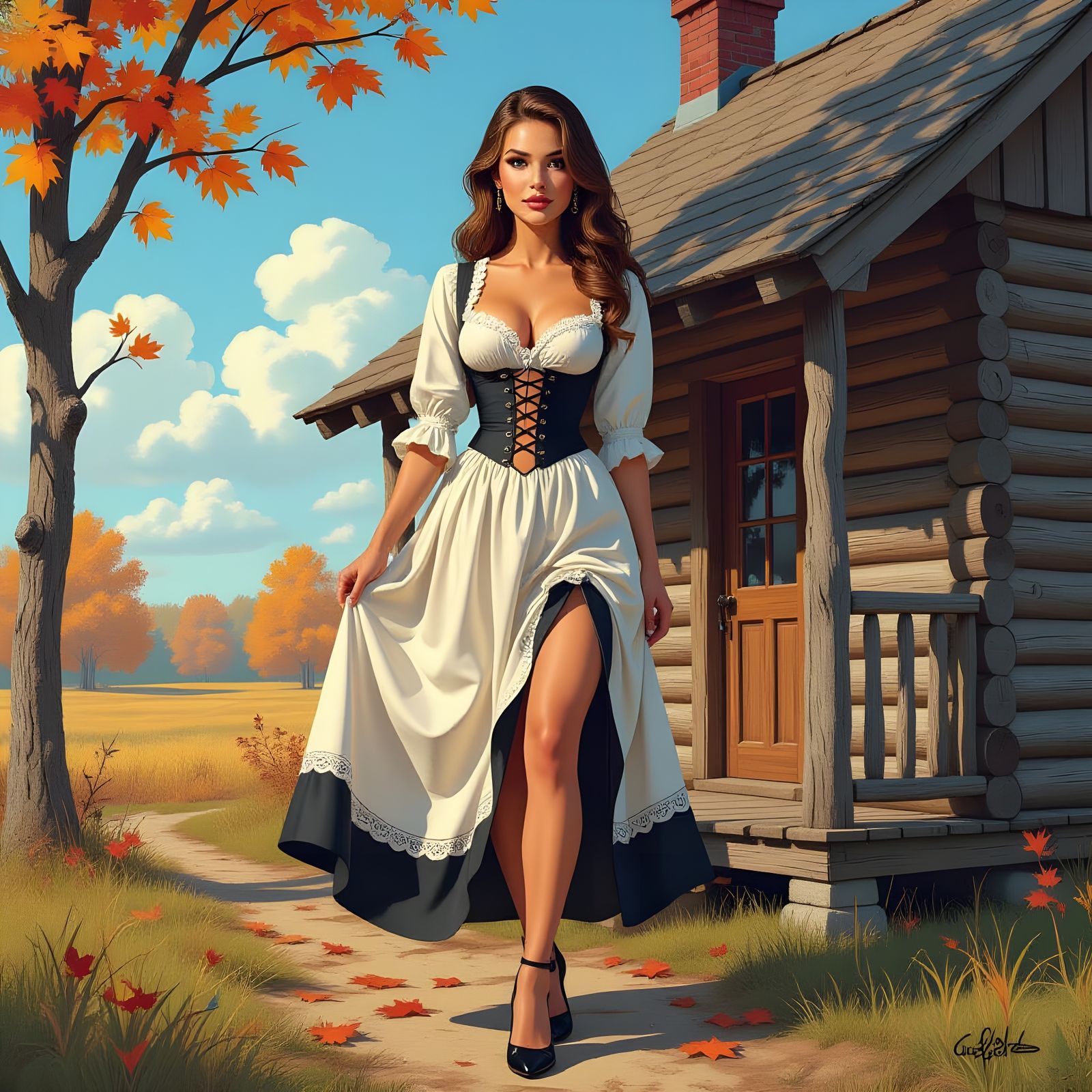 Pin-Up Pilgrim Woman Outside Autumn Cabin
