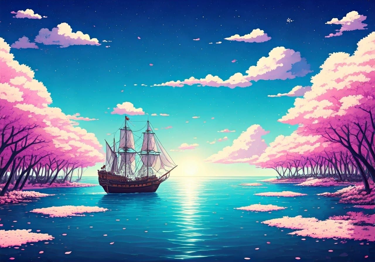 Enchanted Savannah Lagoon Seascape in Manga Style