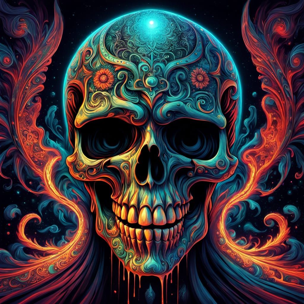 Psychedelic Skull with Ornate Details and Neon Red Eyes