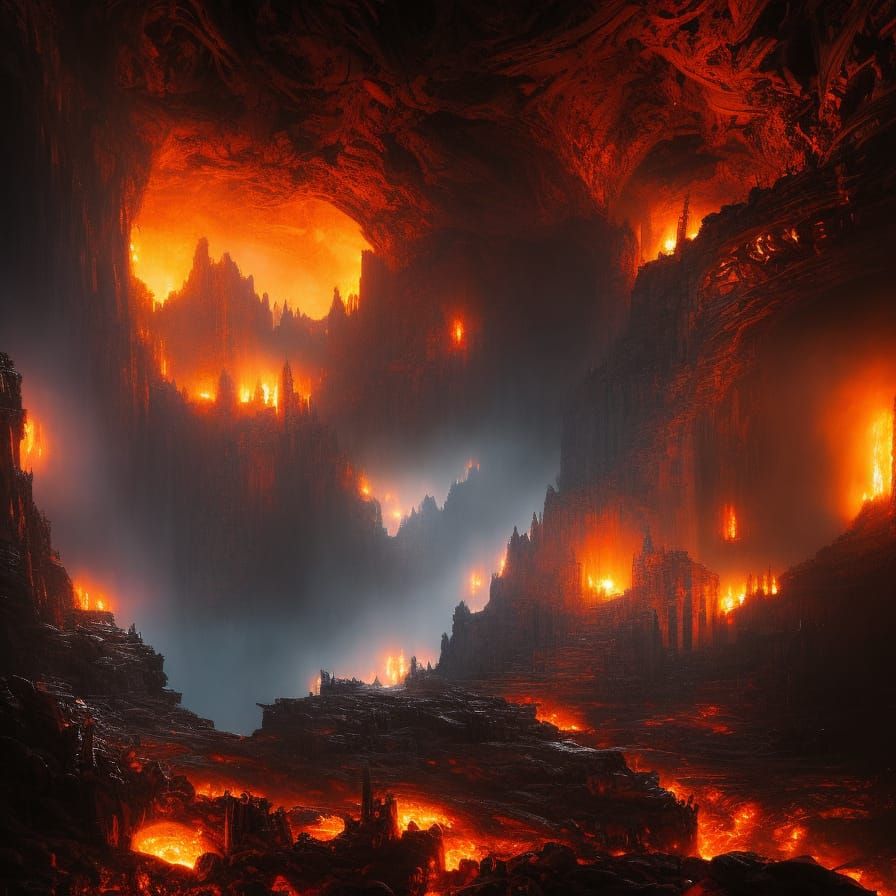 Lava Demon Castle Interior: Dark Fantasy Art