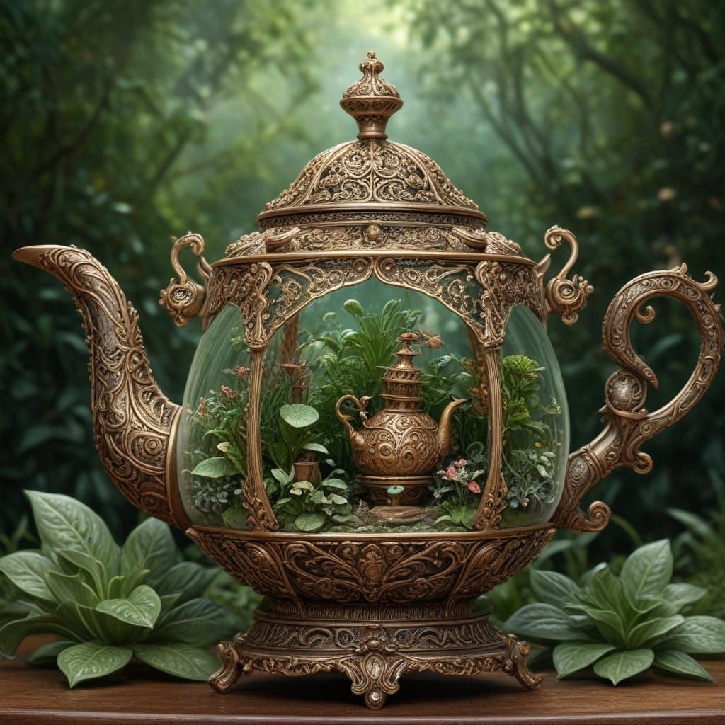 Victorian Teapot Greenhouse with Exotic Plants and Fungi