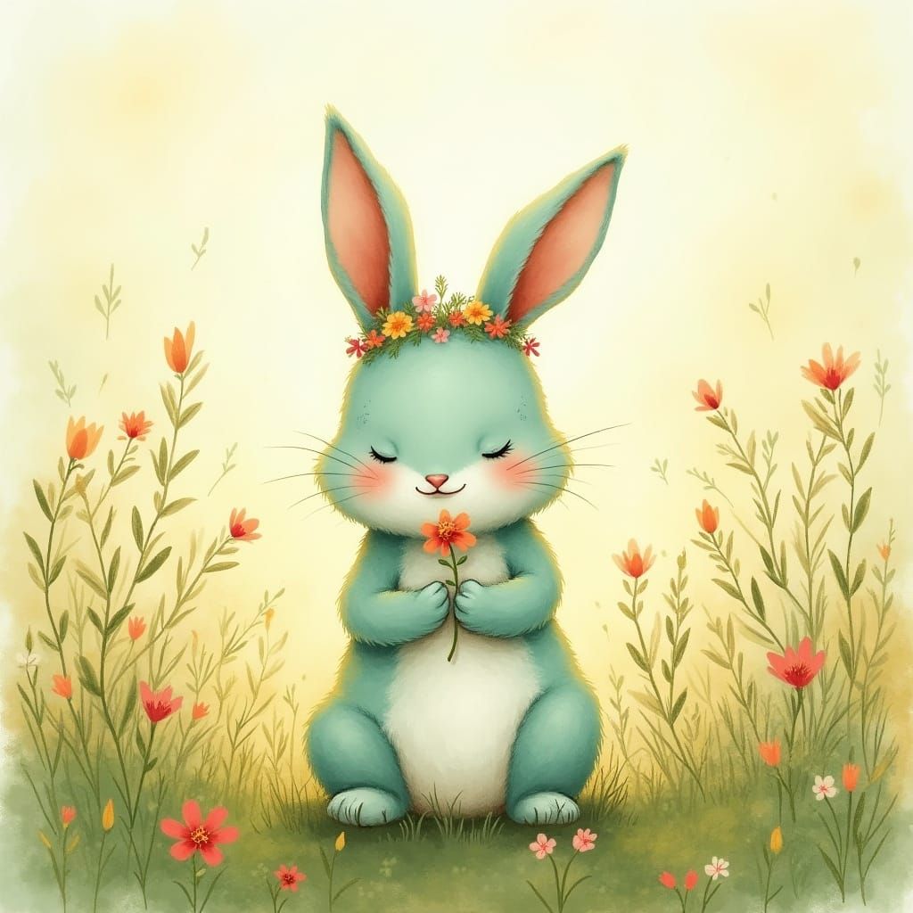 Whimsical Mint Green Bunny in a Lush Meadow