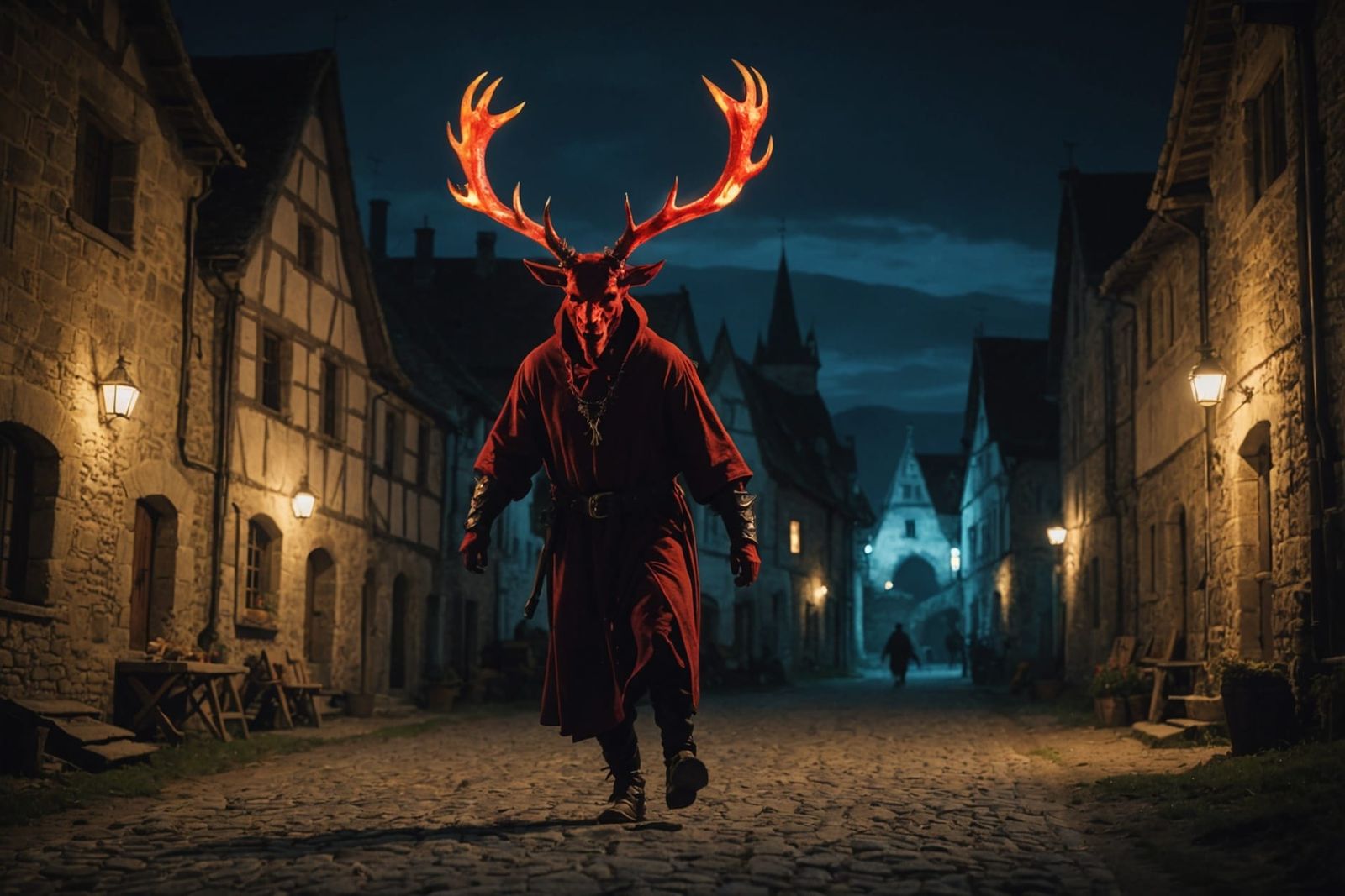 Antlered Devil Approaches Medieval Village at Night