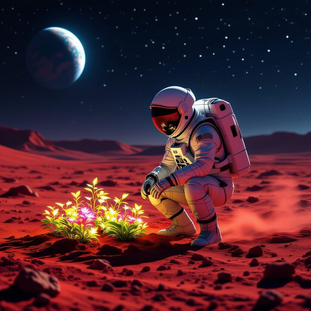 Astronaut Tends Glowing Garden on Mars