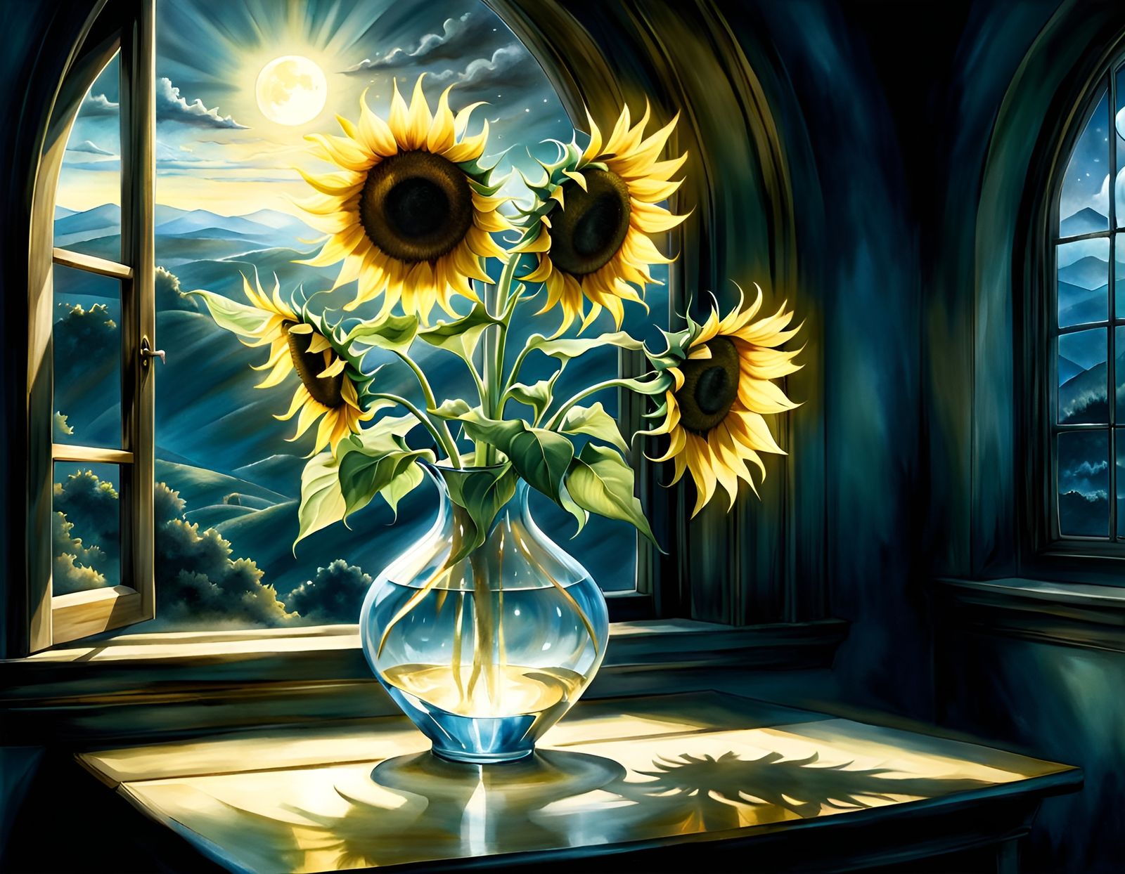 Moonlit Sunflowers Watercolor Fantasy Art