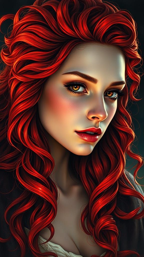 Red Haired Woman in Alechinsky Style: Surreal Fantasy Master...