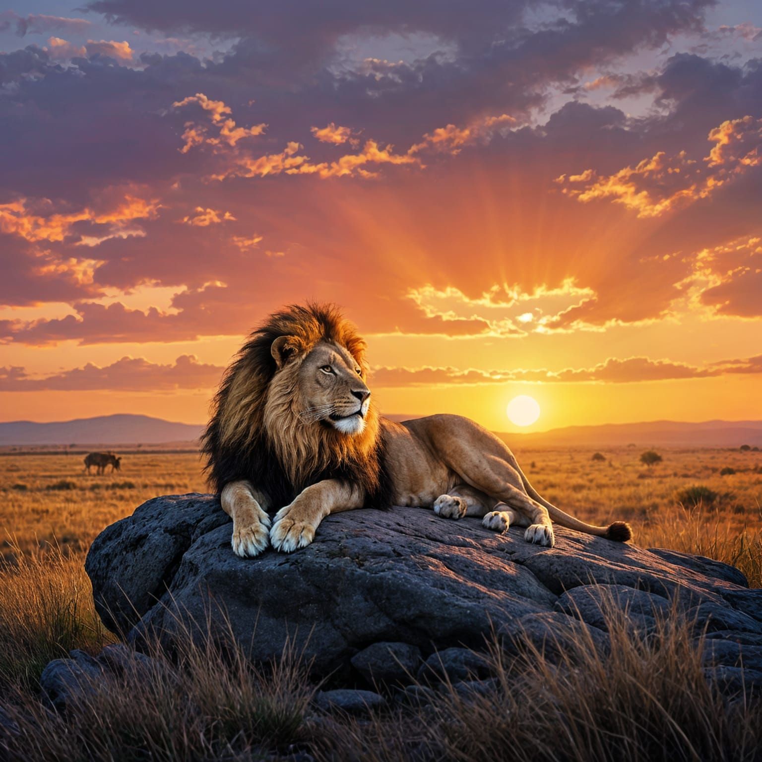 Majestic Lion on Savanna Rock at Sunset