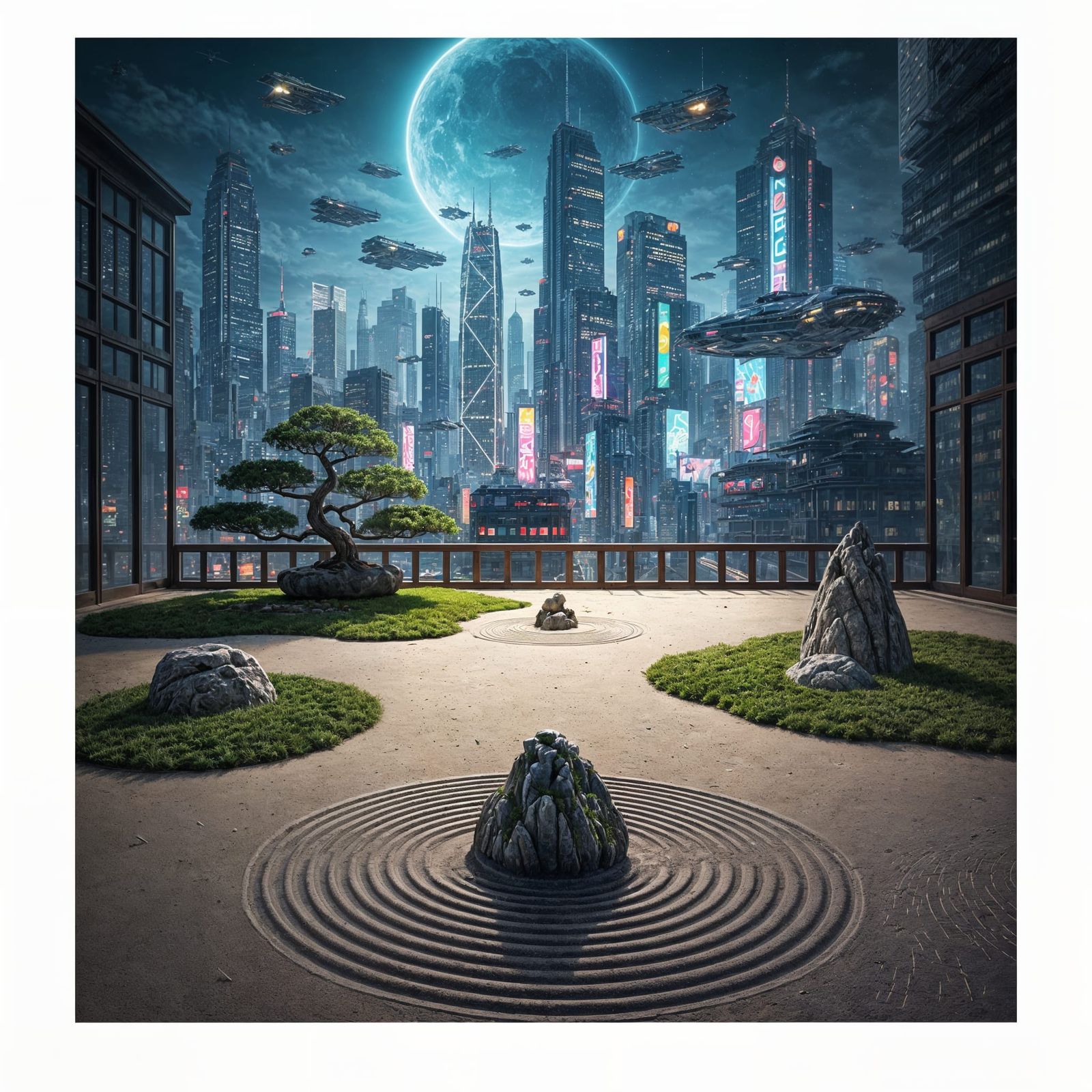 Zen Garden Meets Cyberpunk Cityscape: Photorealistic 8K