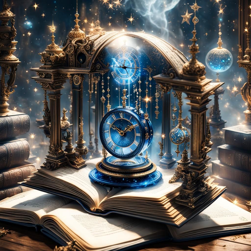 Sci-Fi Clock Emerging from Book with Fireworks