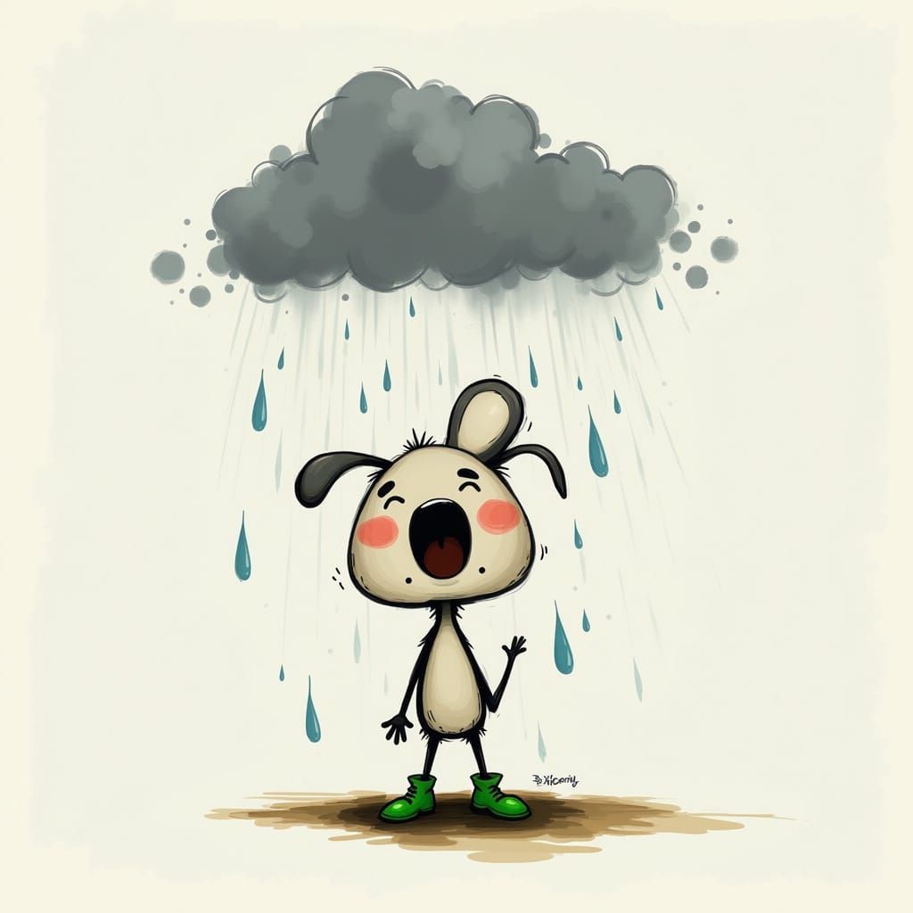Cartoon Dog Under Rain Cloud