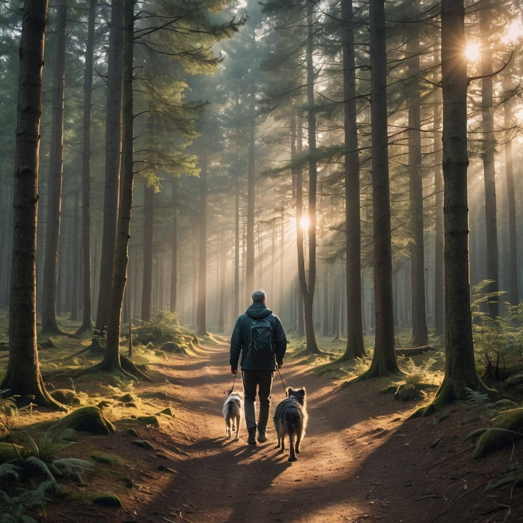 Man and Dog Hiking at Sunrise in Forest