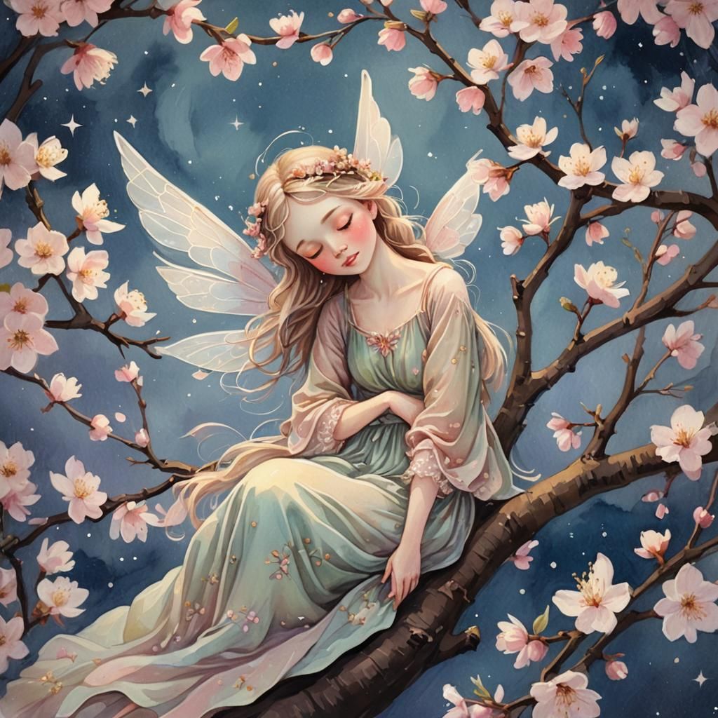 Fairy Sleeping in Cherry Blossom: Gouache Illustration