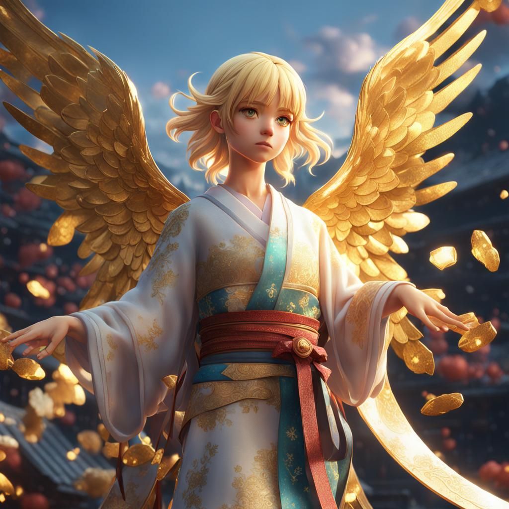 Anime Angel Figurine with Golden Wings