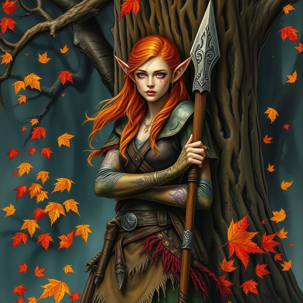 Wood Elf Warrior Leans on Ancient Tree in Vibrant Autumn Lan...