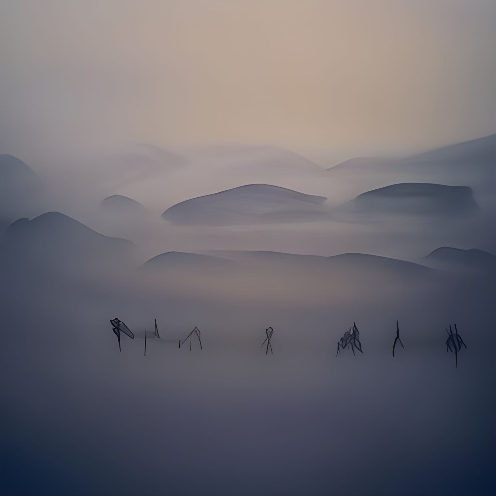 Mongolian Horde in Mist: Minimalist Watercolor Landscape