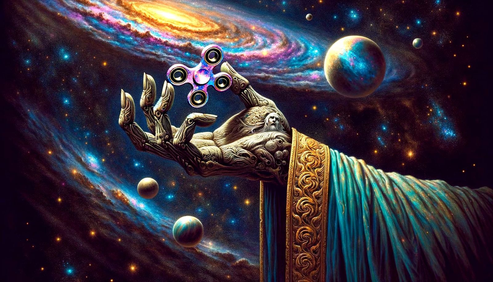 Ethereal Hand Whirls Galaxy Fidget Spinner in the Cosmos