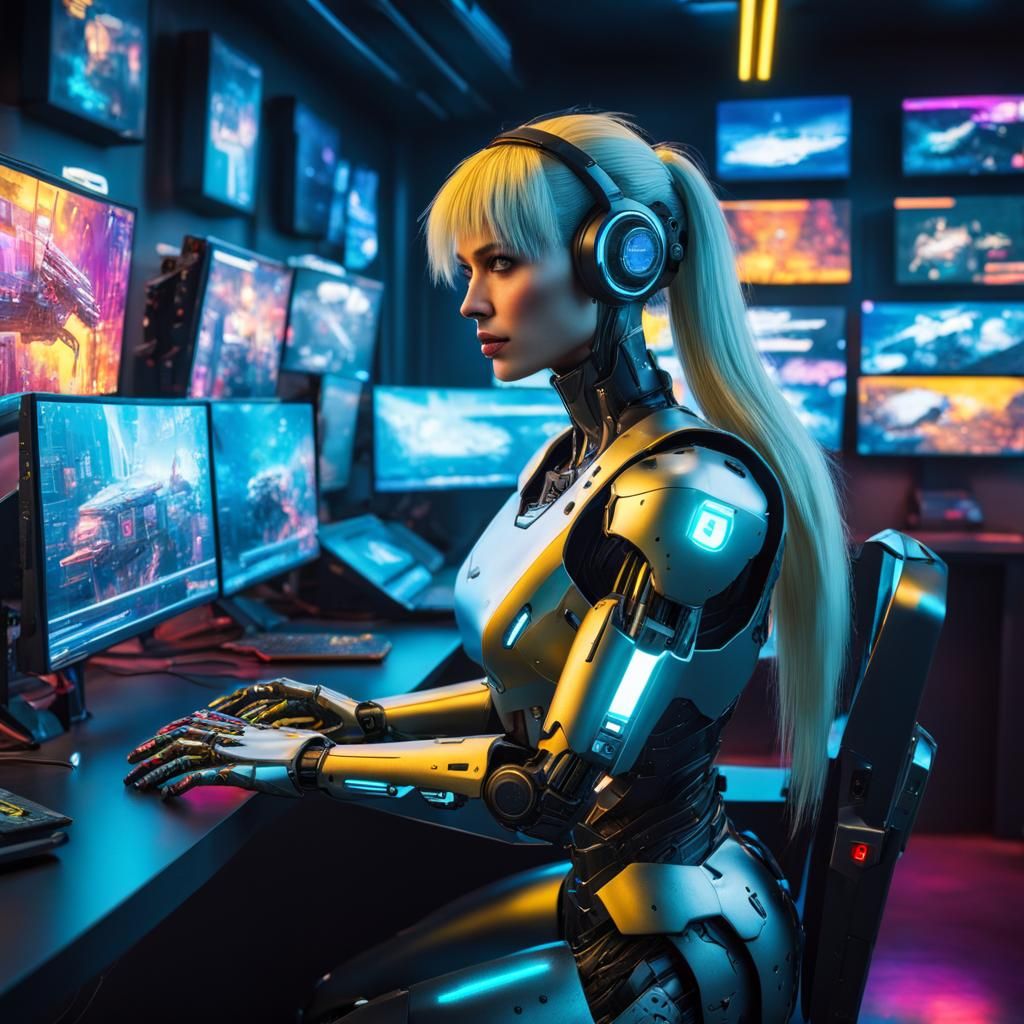 Cyberpunk Cafe with Robot Barista and Gaming PCs