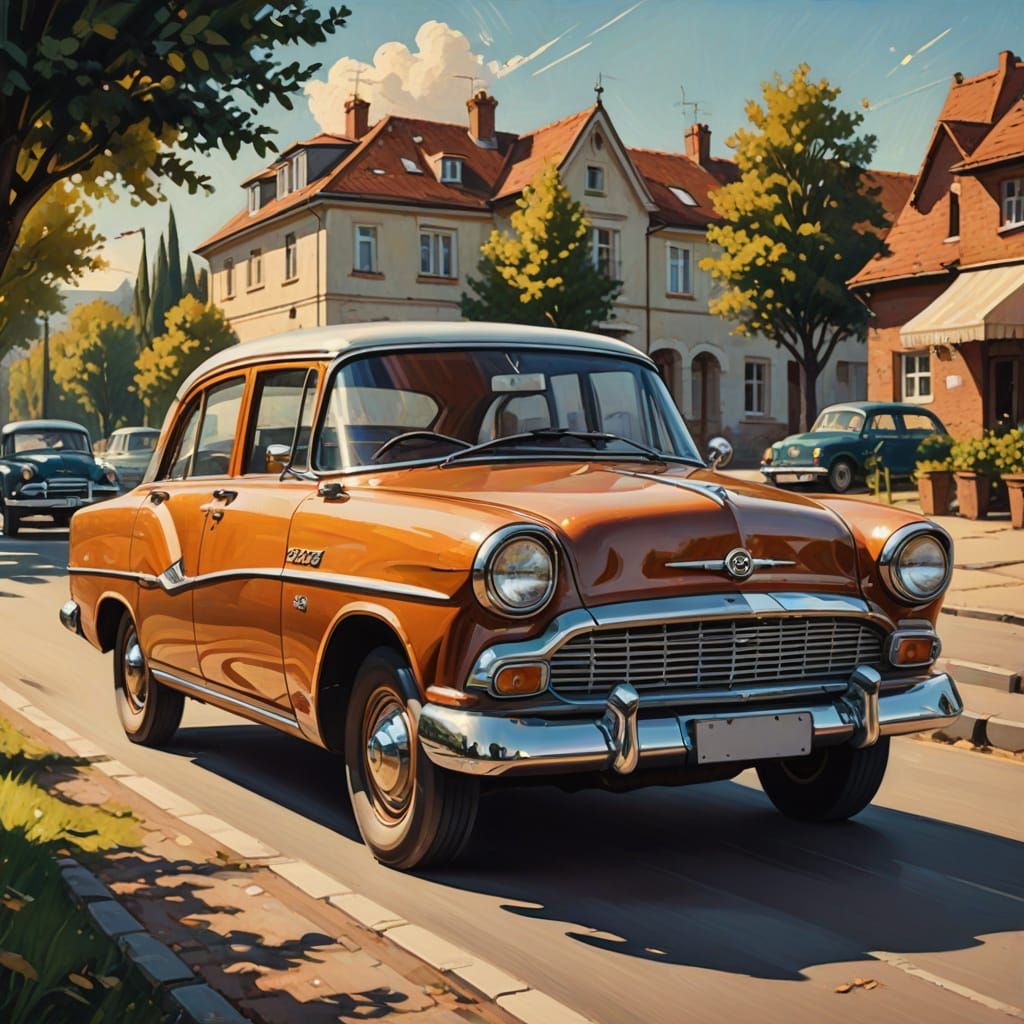 Vintage Opel Kapitan Car in Oil Painting Style