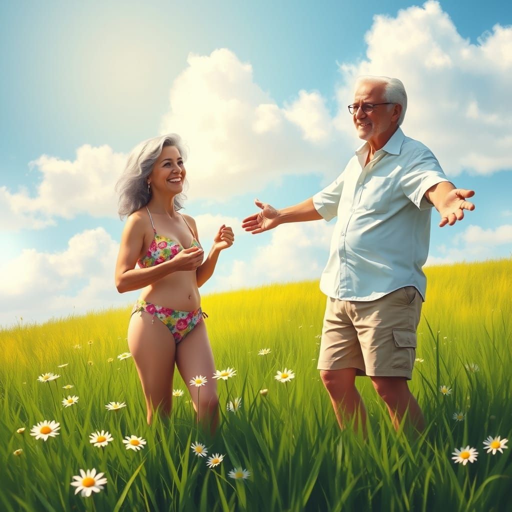 Serene Grandmother in Floral Bikini, Surrounded by Joyful Lo...