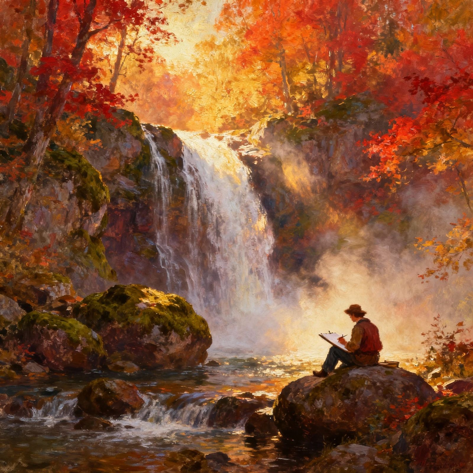 Majestic Autumn Waterfall in Golden Hour Light