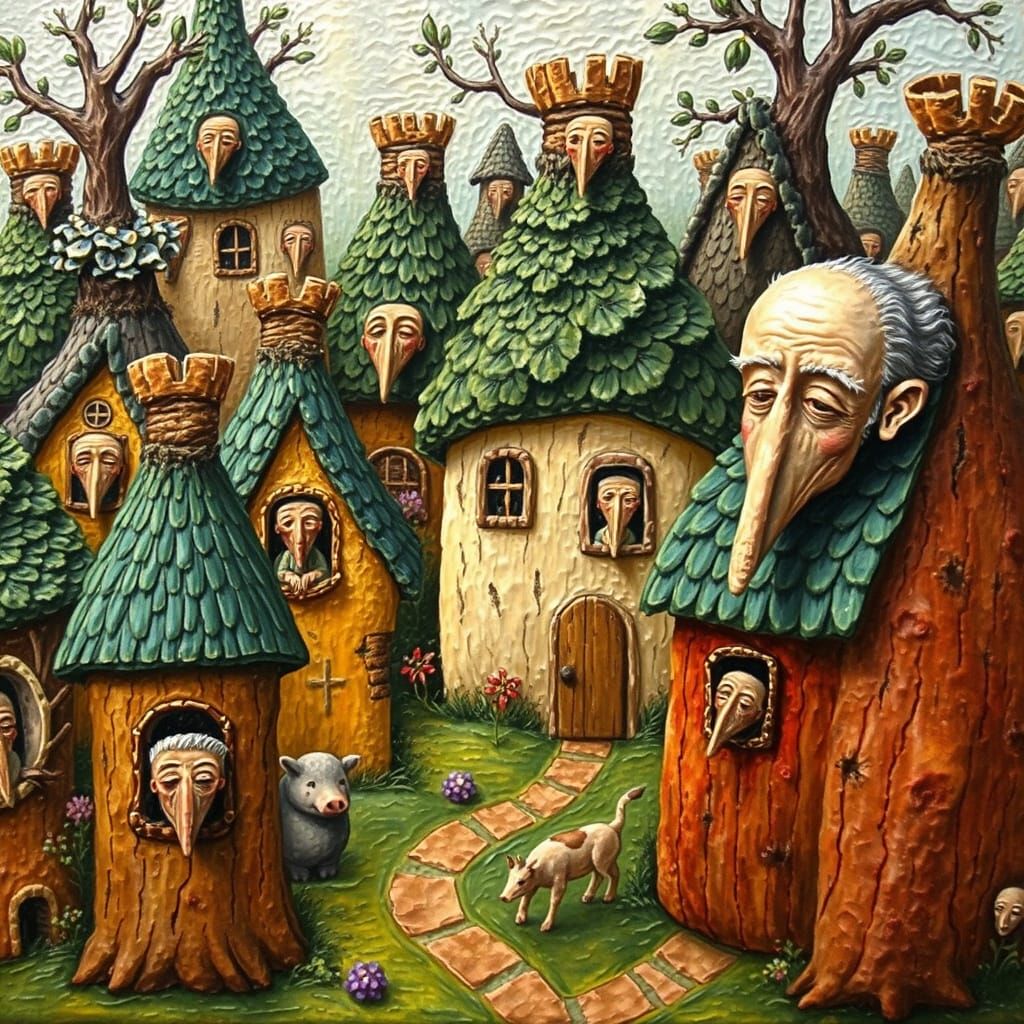 Whimsical Folk Art Houses with Surprised Men, Impasto Style