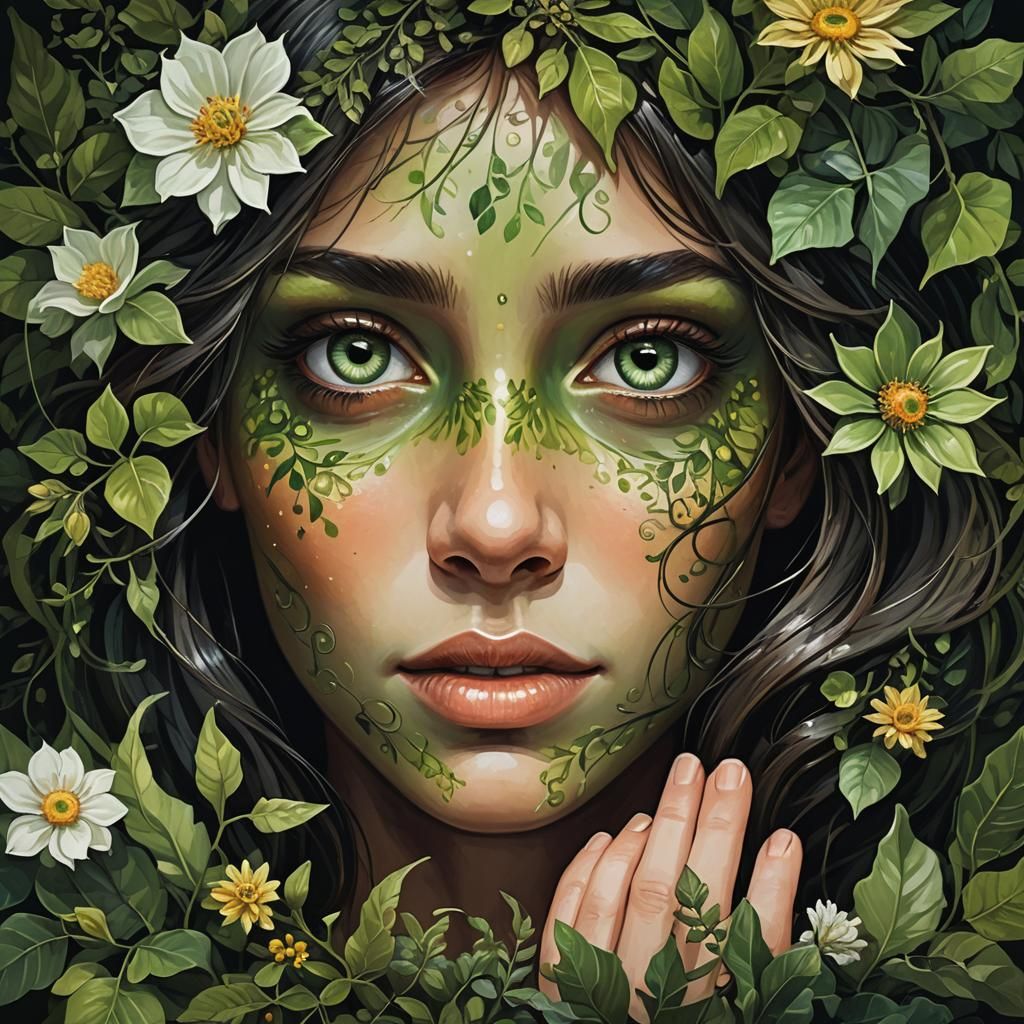 Dark Enchantress with Emerald Eyes Gazing at Horizon