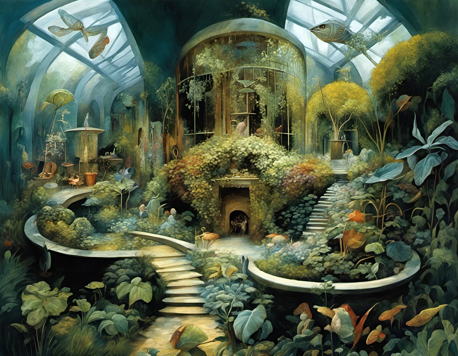 Lush Garden with Sculpture in Surreal Style