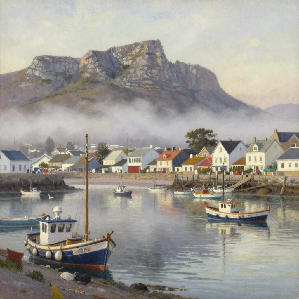 Hout Bay Harbor at Dawn in Gouache Style