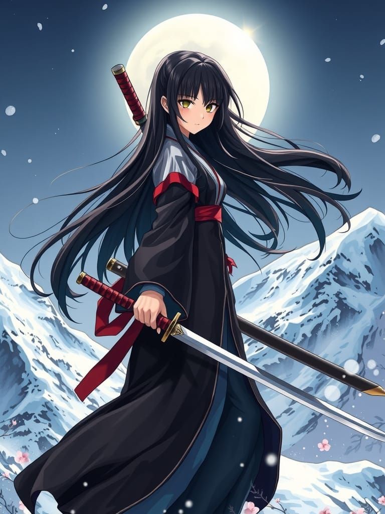 Ninja Girl on Snowy Mountain in Anime Style