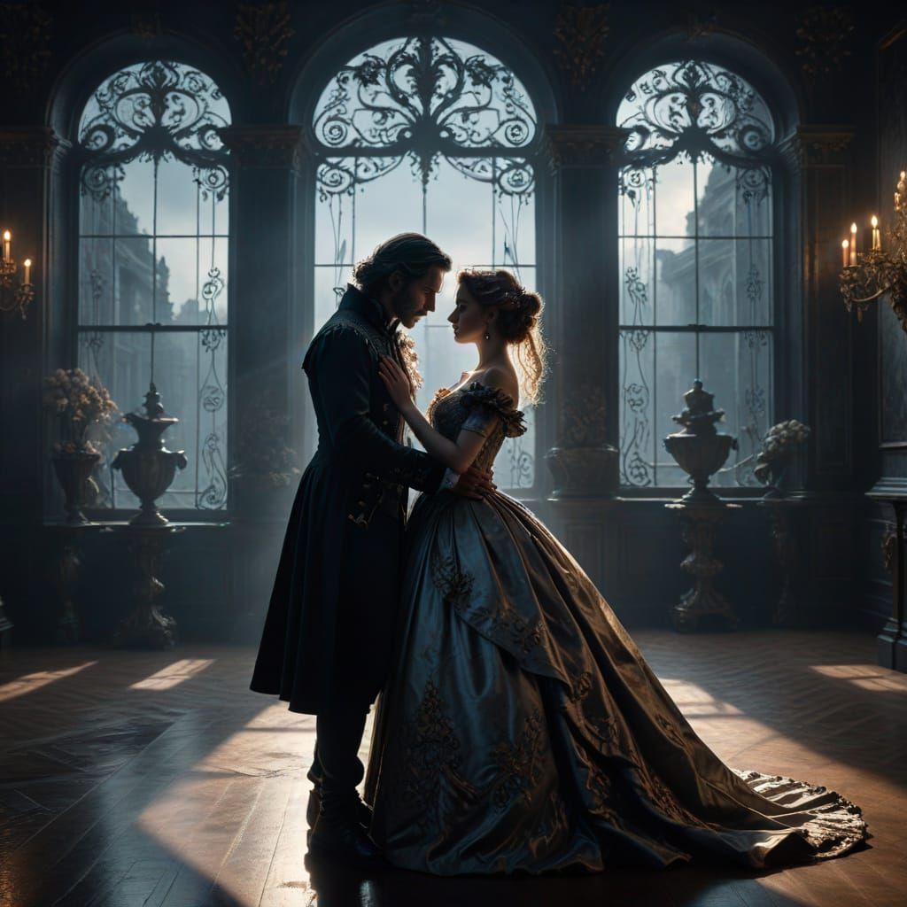 Baroque Couple Dancing in Moonlight, Cinematic Film Still