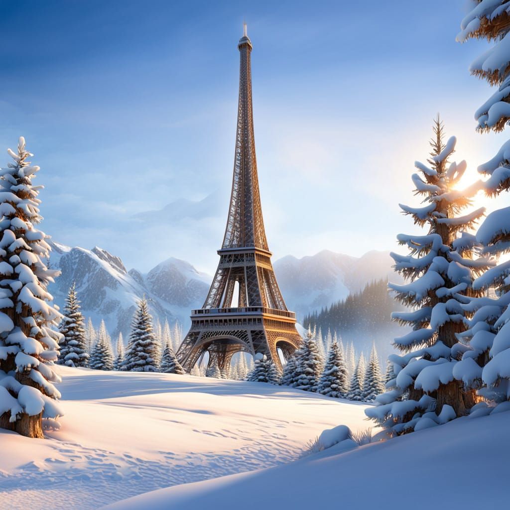Winter Wonderland with Eiffel Tower in Whimsical Watercolor