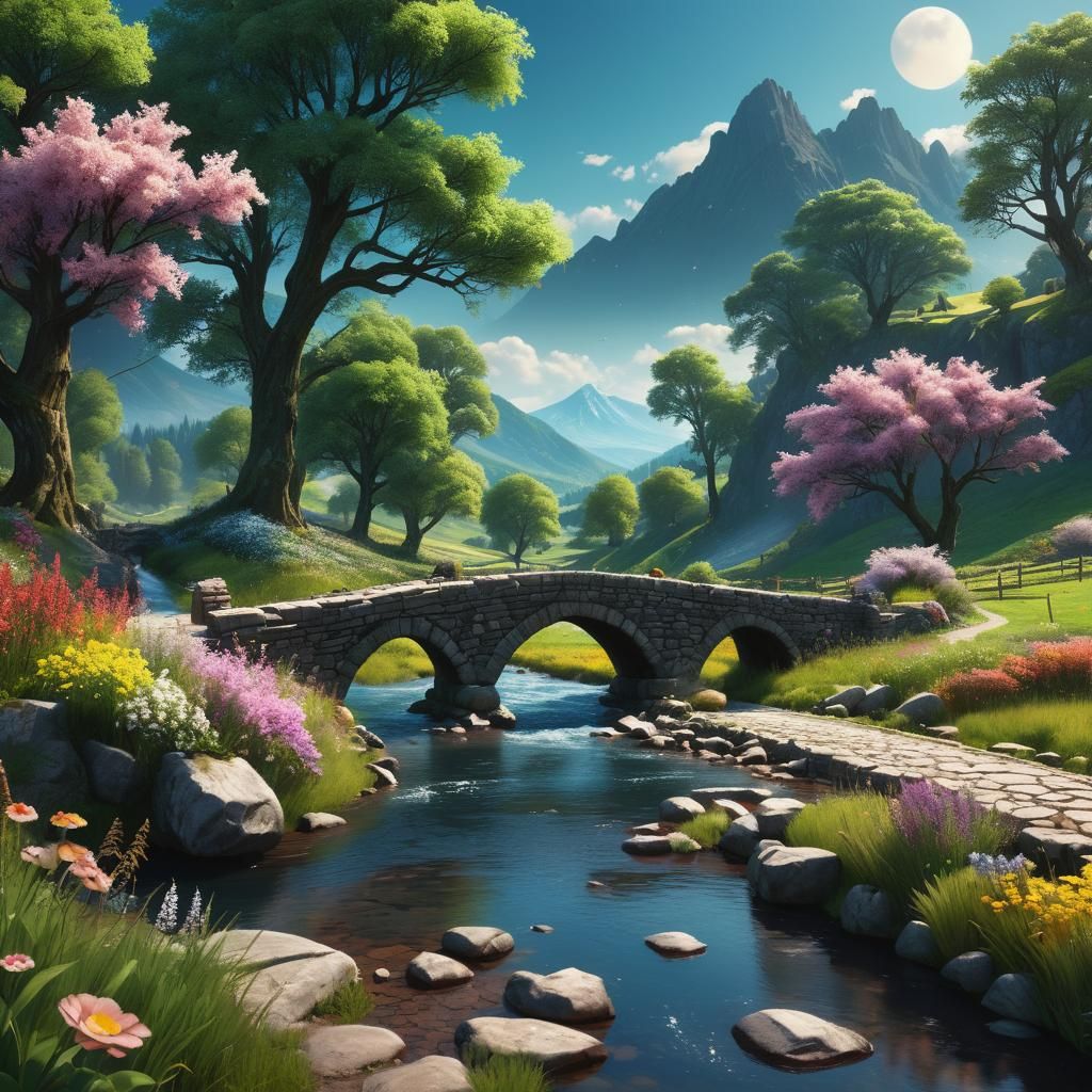 Picturesque Stone Bridge Landscape in Detailed Matte Paintin...
