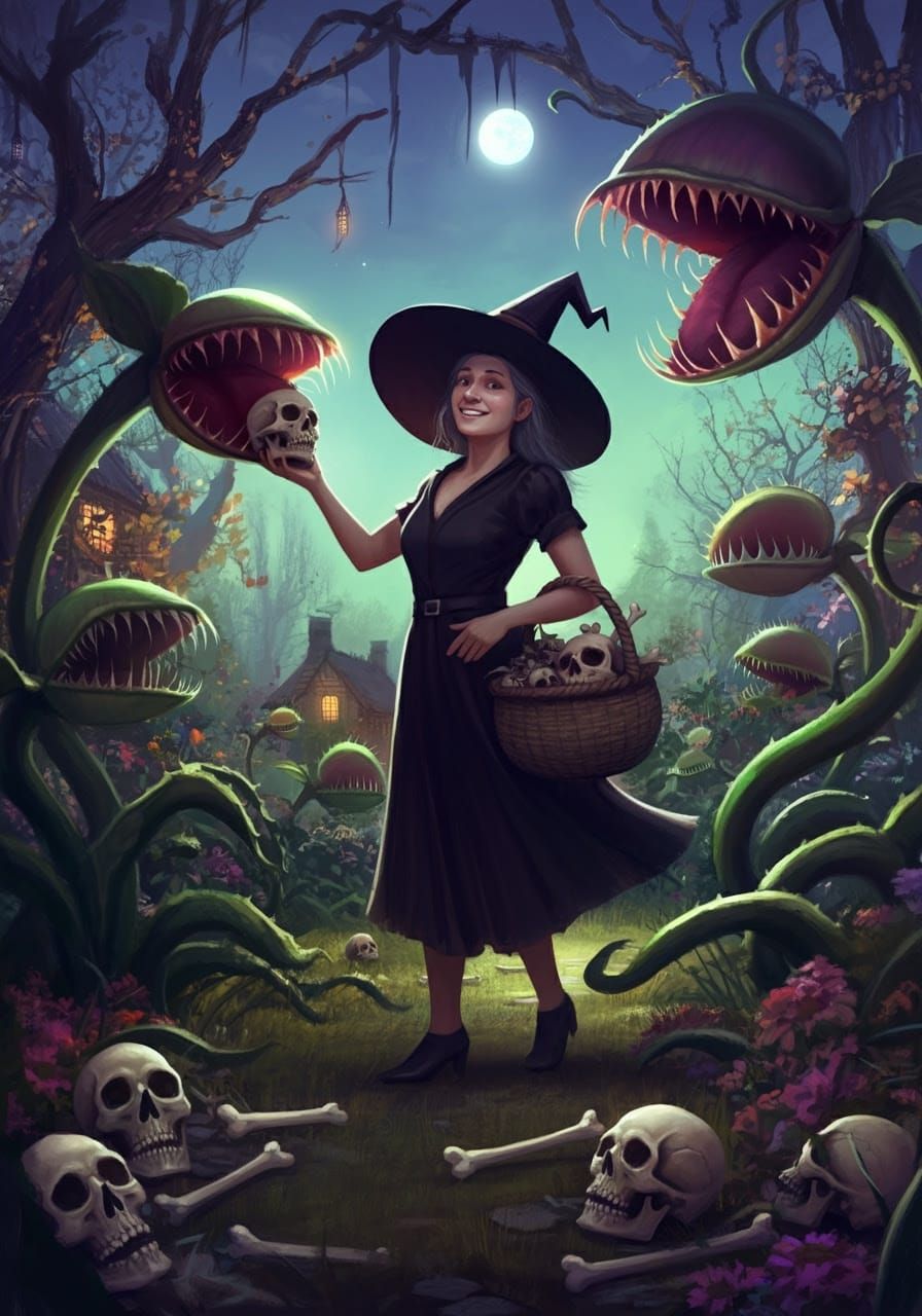Smiling Witch Feeds Skull to Carnivorous Plant