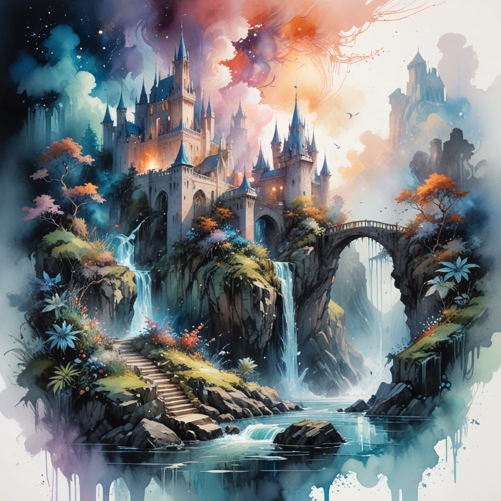 Celestial Sky Fortress: Watercolour Dreamscape