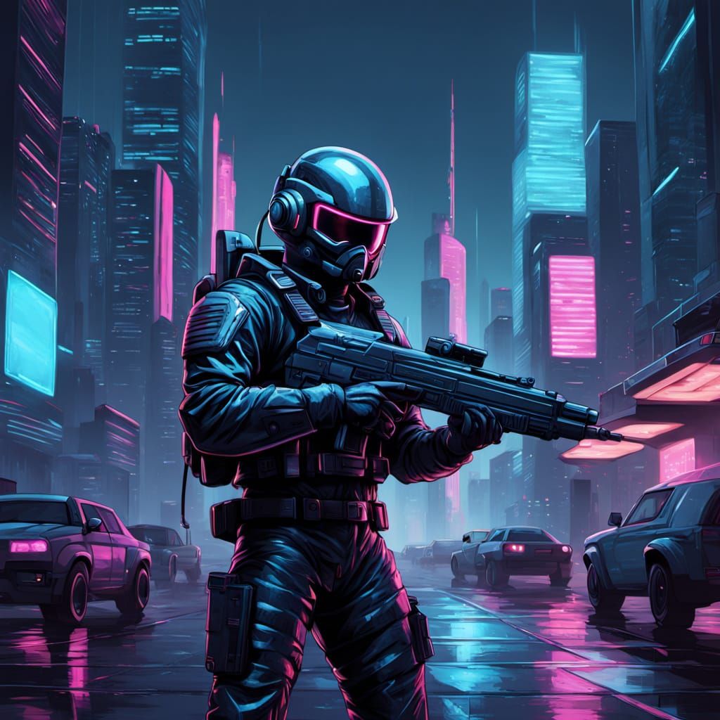 Futuristic Soldier with Jetpack and Laser Gun in Neon City
