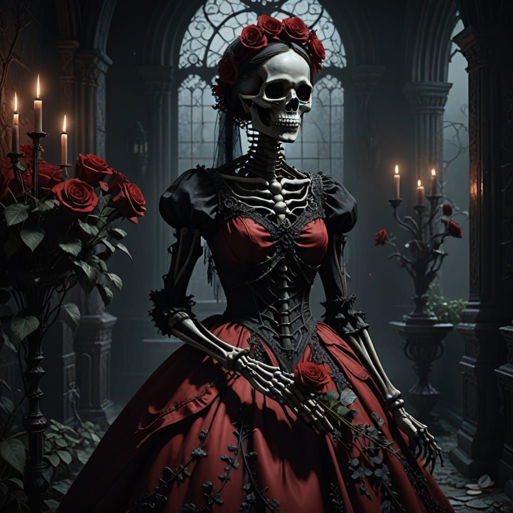 Skeleton in Red Victorian Gown with Black Roses